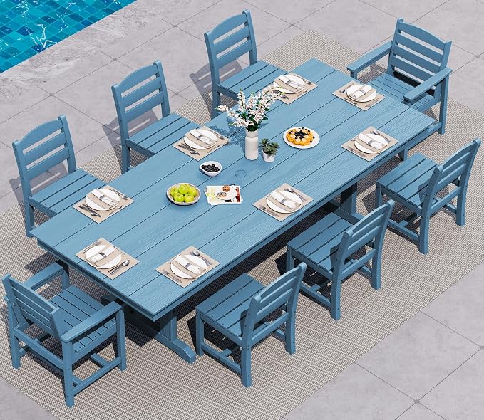 SERWALL 9 Piece Outdoor Dining Set, 84" HDPE Outdoor Table with 6 Armless Chairs and 2 Armchairs ，All Weather Patio Dining Furniture Set with Umbrella Hole for Backyard, Garden, Blue