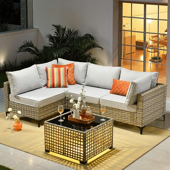Outdoor Sectional Patio Furniture Set,5 Pieces Rattan Wicker Conversation Sets L Shaped Couch,Outside Furniture with Glowing Coffee Table,Light Grey