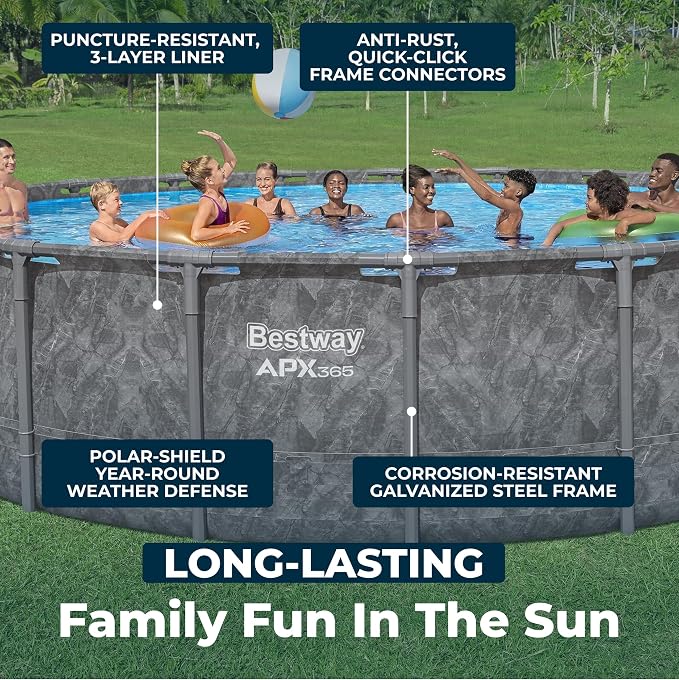 Bestway APX 365 20' x 52" Above Ground Pool, Round Metal Frame Outdoor Swimming Pool Set with Sand Filter Pump, Ladder, and Cover, Dark Marble