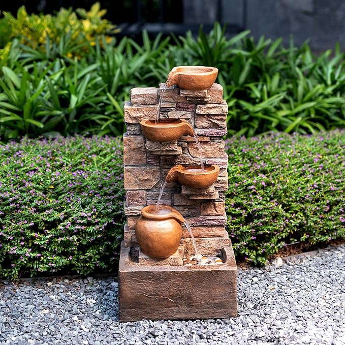 Teamson Home 28.5" Outdoor 4-Tier Stacked Stone Cascading Water Fountain with LED Lights, Brown
