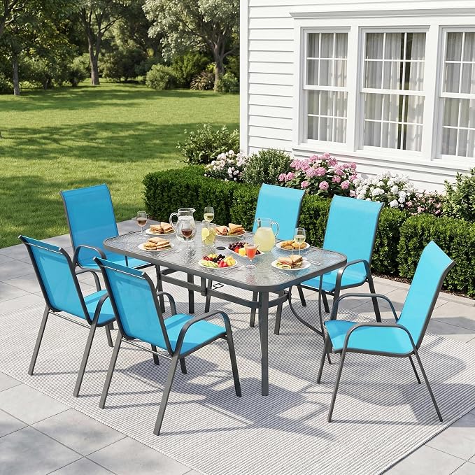 Arlopu 7-Piece Outdoor Table and Chairs for 6, Outdoor Dining Set W/Rectangle Glass Table and 6 Patio Textilene Stackable Chairs, Patio Furniture Set W/Umbrella Hole (Grey Table & Sky Blue)