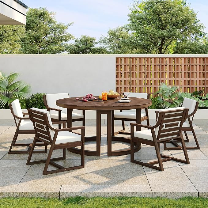 7-Piece Outdoor Dining Set, 59" Round Table with Umbrella Hole and 6 Padded Chairs, Rustic Patio Furniture Set for Garden Backyard Family Gatherings (Mocha-R1)