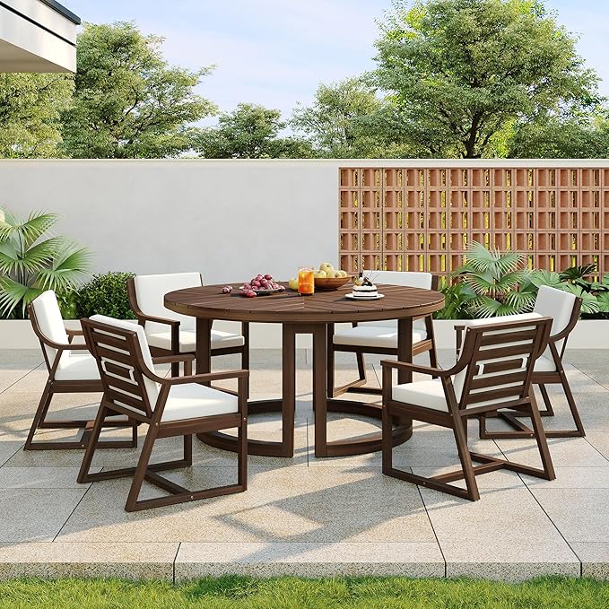 7-Piece Outdoor Patio Dining Set, All-Weather Acacia Wood 59'' Round Dining Table with 1.96" Umbrella Hole and 6 Arm Chairs for Backyard, Balcony, Garden, Poolside (Mocha-2.14)