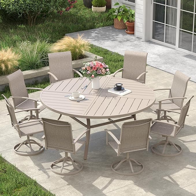 VICLLAX Outdoor Table and Chairs Set for 8, Patio Dining Set of 60 Metal Round Patio Table with Umbrella Hole & 9 Swivel Outdoor Dining Chairs for Backyard Lawn, Sandshell