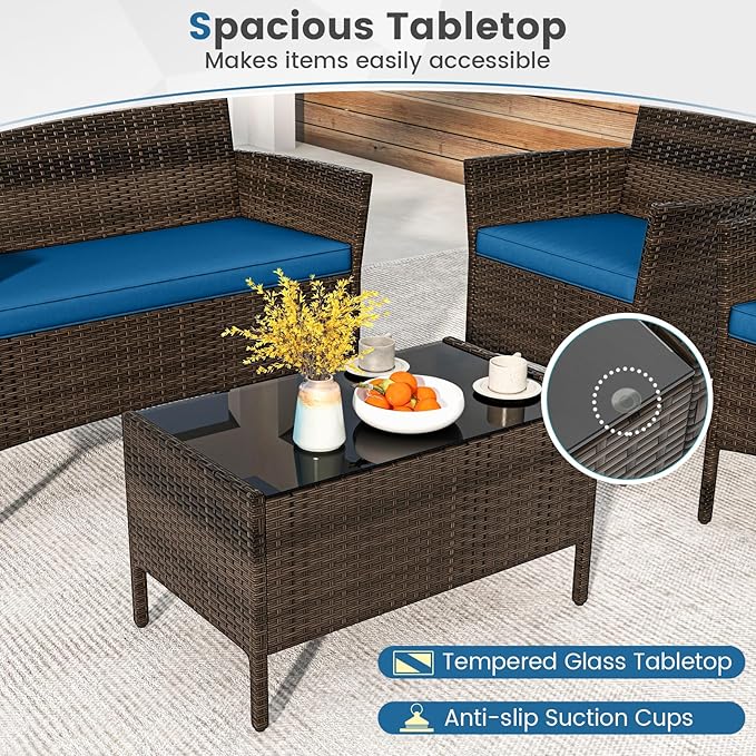 DORTALA 4-Piece Rattan Patio Furniture Set, Outdoor Table & Chair Set with Tempered Glass Coffee Table, Cushion, Wicker Conversation Set for Garden, Lawn, Poolside and Backyard, Peacock Blue