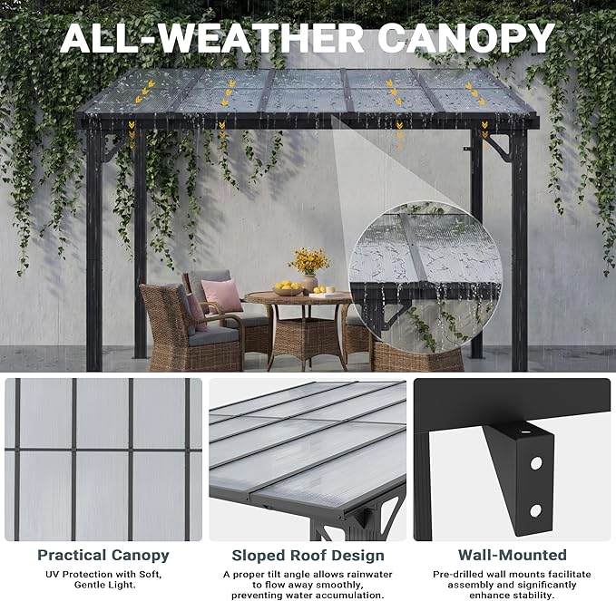 AirWire 10x10 FT Gazebo, Pergola Awnings for Patio with Hardtop Gazebos on Clearance, Patio Covers for Shade and Rain, Lean to Gazebo Sunroom Patio Canopy Outdoor Pergolas for Patios,Decks,Backyard