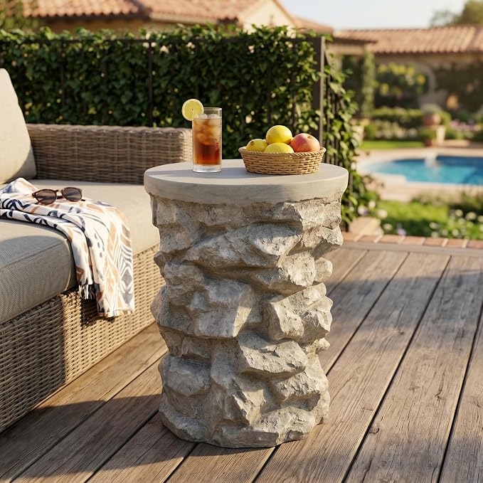 Round Outdoor Concrete Side Table, Cylinder Patio End Table, Faux Stacked Stone Accent Table with Wave for Indoor Outdoor, Garden Stool Coffee Table for Patio, Garden, Backyard - 16.42" Grey MgO
