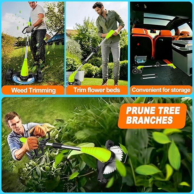 Electric Weed Wacker Cordless, 12V Battery Powered Weed Eater Cordless with 65inch Adjustable Pole, Lightweight (3.72lbs) Grass Trimmer Cutter/Edger/Mower with 2 Types Blade for Yard Lawn and Garden