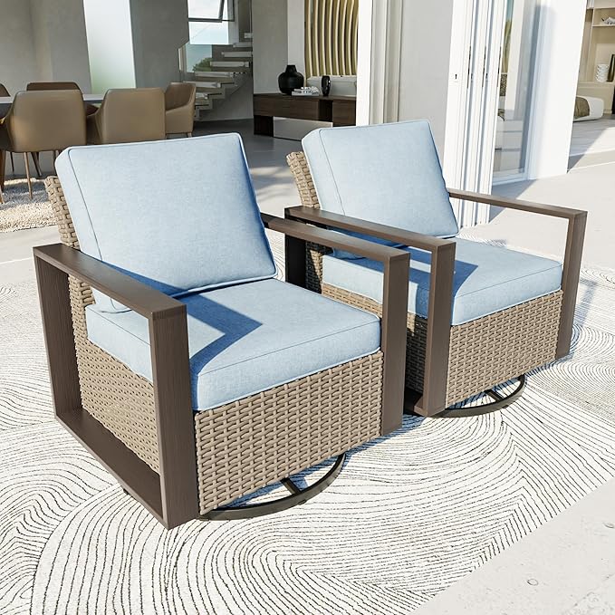 Patio Chairs Set of 2, Outdoor Swivel Rocker Patio Chairs, Metal Patio Furniture with Deep Seating, Thicken Cushions for Deck, Porch, Yard Use (Azure, 2 PCS/Swivel)