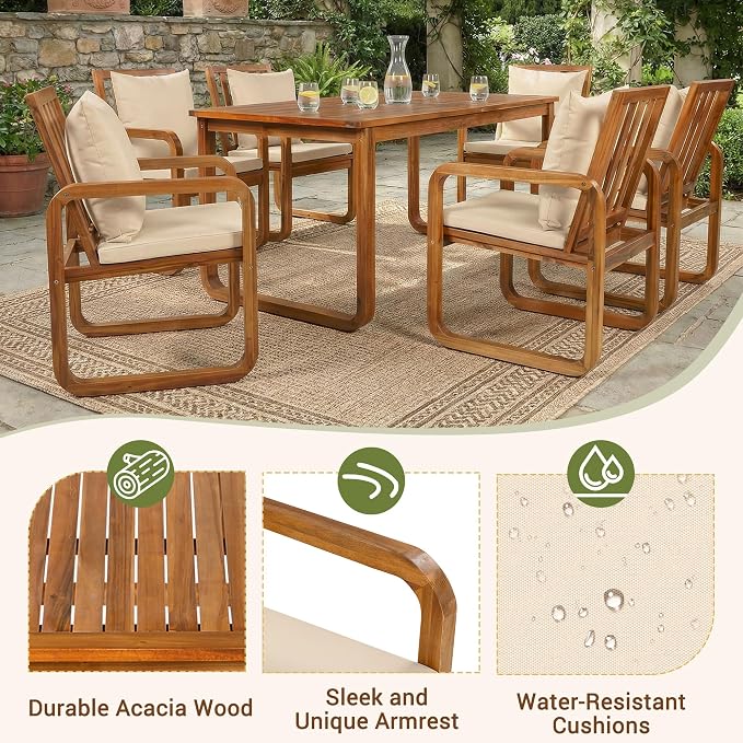 Merax 7-Piece Patio Dining Set, Outdoor Acacia Wood Dining Table and Chairs Set with Cushions for Backyard, Garden, Poolside, Brown