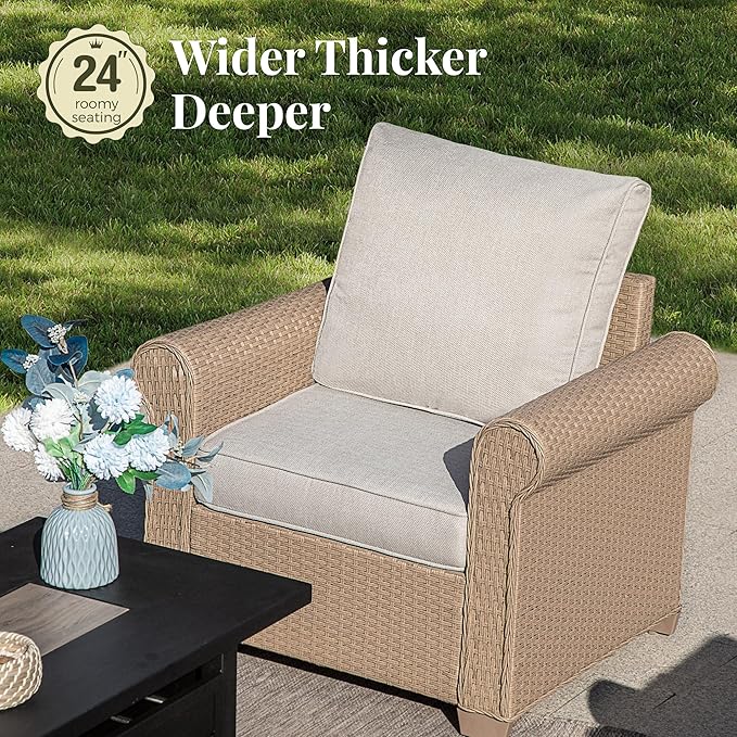 Patio Furniture Set 6 pcs, Wicker Outdoor Patio Furniture, 3-Seat Sofa, 4 Single Sofas and Coffee Table, Rattan Outdoor Conversation Set for Backyard Deck, Beige