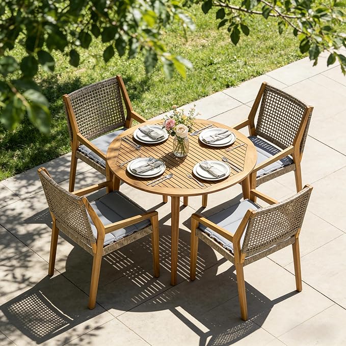 Christopher Knight Home Pelham Wooden Patio Dining Set for 4, Acacia Wood Outdoor Dining Table Set for 4, 5 Piece Outdoor Dining Set with Round Table and Armchair with Seat Cushion, Teak+Grey