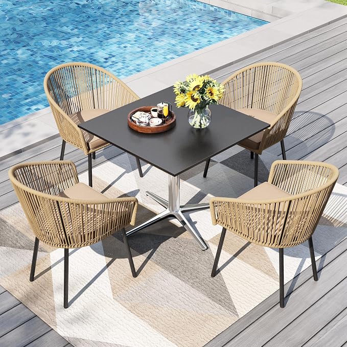 PHI VILLA 5-Piece Patio Dining Set, 31" Square Table, Wicker Chairs | Outdoor dining set for 4, Metal table with umbrella hole, Cushioned brown wicker chairs. Modern design for patio, deck, porch