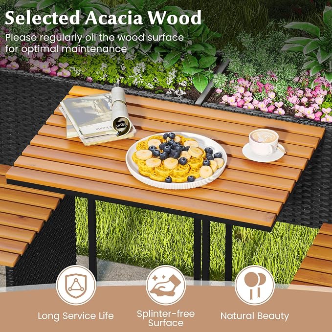 HAPPYGRILL Patio Furniture Set with Raised Garden Bed, Rattan Table Chairs Set with Storage, Acacia Wood Outdoor Seating and Flower Box Set for Backyard, Porch, Deck