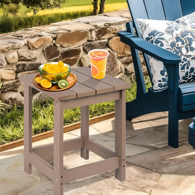 LZRS Square Patio Side Table, Heavy Duty HDPE Outdoor End Table with Wood Texture, Weatherproof Composite Table for Adirondack Chairs, Deck, Pool, Indoor/Outdoor, No Peeling Cracking(Weathered Wood)