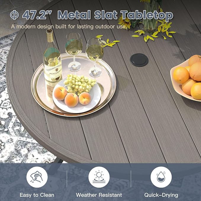 VICLLAX Round Patio Dining Table for 4-6, Outdoor Metal Dining Table with Umbrella Hole for Deck Lawn Garden Backyard, 47.2" Grey