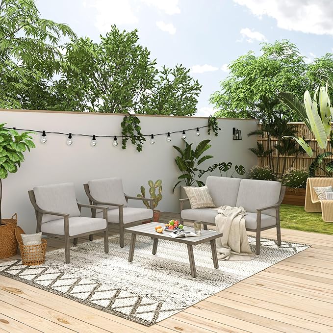 HAPPATIO 4-Piece Patio Furniture Set - Outdoor Aluminum Patio Conversation Set Includes 1 Loveseat, 2 Armchairs, and 1 Coffee Table, Perfect for Porch, Deck, Garden, (Grey)