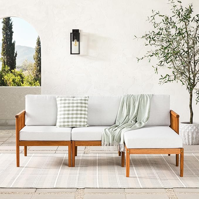 Walker Edison Dekian Modern 3-Piece Spindle-Side Solid Acacia Patio Sectional, Brown