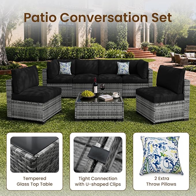 8-Piece Modular Patio Furniture Set with Storage Box Outdoor Sectional Sofa | Patio Conversation Set with Coffee Table, PE Rattan Wicker Couch with Waterproof Cushions for Backyard, Deck & Porch, Black
