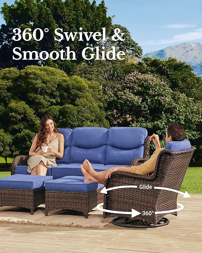 HILLGA Luxury High Back Patio Furniture Set with 6-Inch Thick Cushion, 5-Piece Outdoor Conversation Set with Sofa, Swivel Rocker Chairs & Ottomans, Ideal for Porch Pool Deck Yard (Blue)