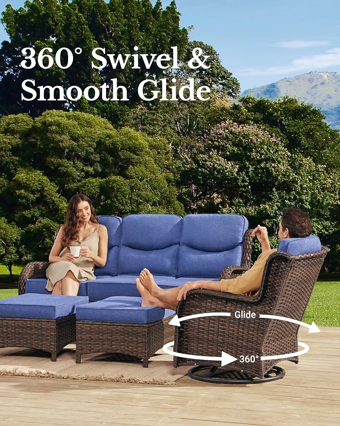HILLGA Luxury High Back Patio Furniture Set with 6-Inch Thick Cushion, 7-Piece Outdoor Conversation Set with Sofa, Swivel Rocker Chairs & Ottomans, Ideal for Porch Pool Deck Yard (Blue)