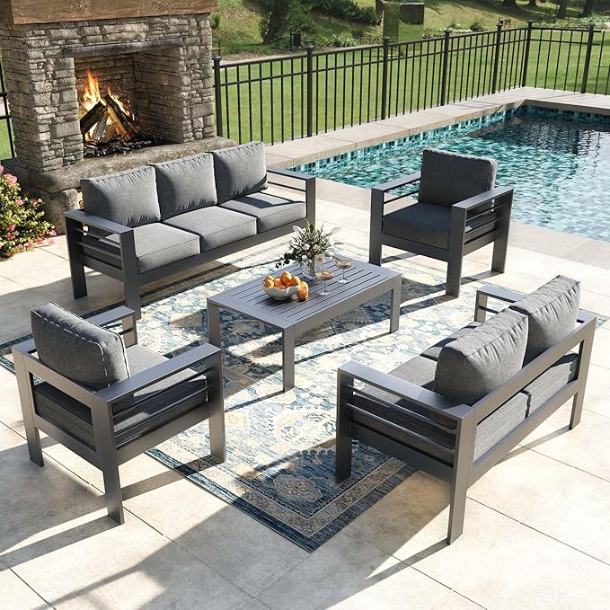 5 Pieces Modern Aluminum Patio Furniture Set, Outdoor Conversation Sets Metal Sectional Sofa with Coffee Table