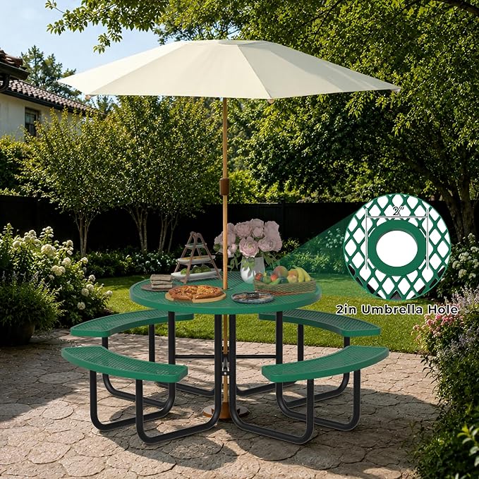 All-Weather Round Outdoor Picnic Table, Commercial Picnic Table Bench Set with Umbrella Hole, Thermoplastic Coated Metal Dining Tables for School, Stores, Park, Patio, Yard, Green