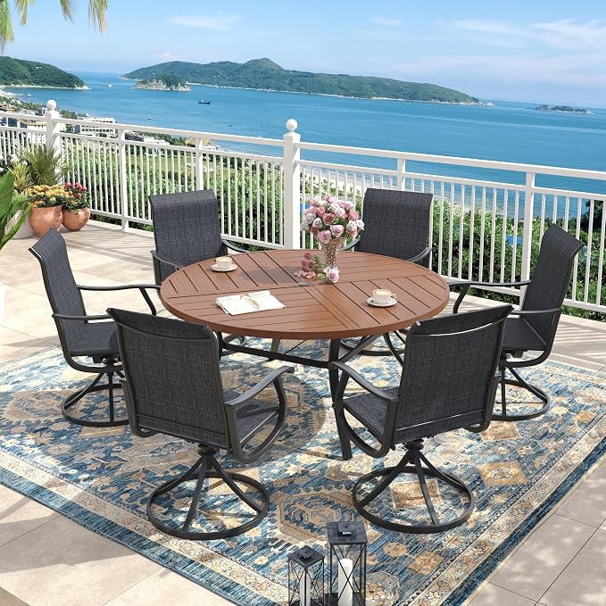 Outdoor Dining Set for 6, 50.1" Metal Round Outdoor Dining Table with Umbrella Hole and Sling Patio Swivel Chairs, 7 Pieces Patio Table and Chairs Set for Garden Backyard, Charcoal and Walnut