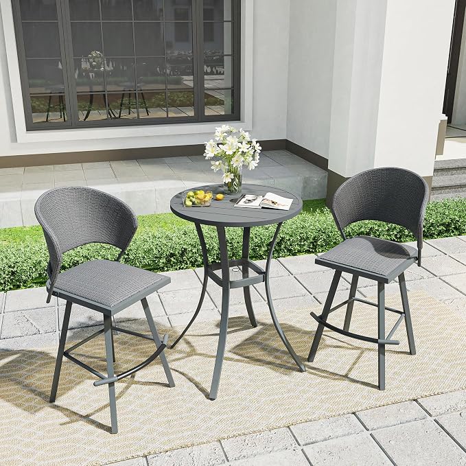 VICLLAX Outdoor Bar Table, 28" Wide Round Patio Bar-Height Table Weather Resistant Metal Slatted Tabletop with Umbrella Hole for Front Porch Deck, Backyard, Light Grey