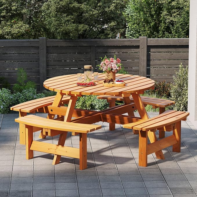 HAPPYGRILL 8-Person Wood Picnic Table Bench Set, Round Camping Table w/Umbrella Hole, Circular Outdoor Table w/4 Built-in Curved Benches, for Patio, Garden, Backyard, Porch (Yellow)
