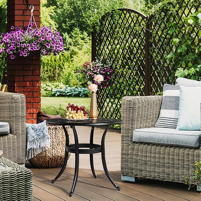 VINGLI 23.6" Cast Aluminum Round Patio Table with Umbrella Hole - All Weather Outdoor Bistro & End Table (Black)