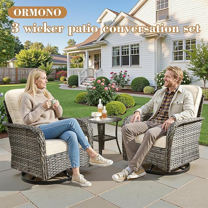3 Pieces Patio Furniture Set, All-Weather Rattan Wicker Outdoor Furniture with Swivel Rocking Chairs and Side Table, High Back Conversation Set for Porch, Backyard, Balcony,Beige