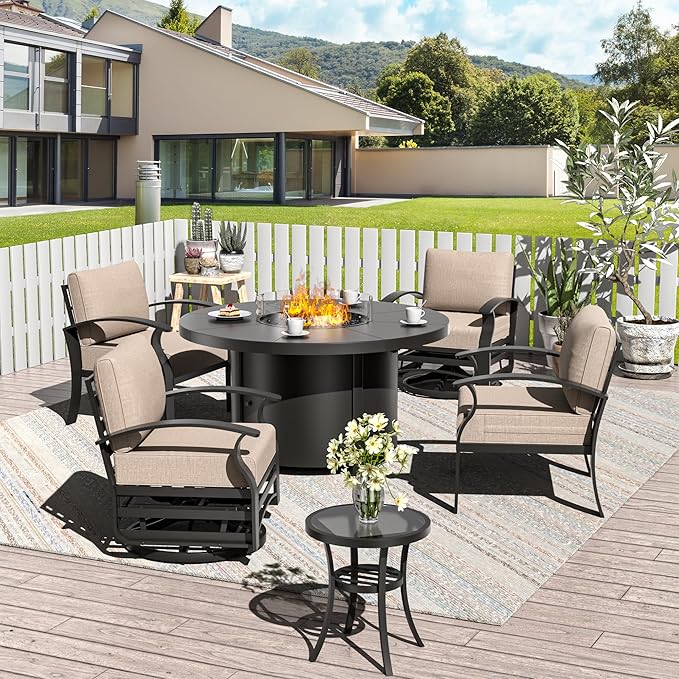 ALAULM Aluminum Patio Furniture Set with 40,000 BTU Round Propane Fire Pit Table 4-seat Metal Outdoor Furniture w/Swivel & Rocking Conversation Set for Patio, Lawn, Poolside（Sand