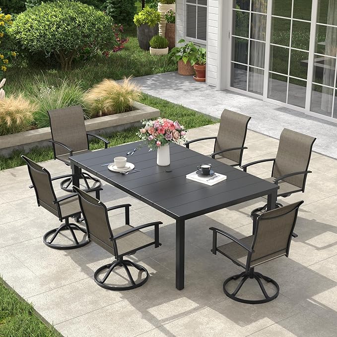 VICLLAX 7 Pieces Patio Dining Set, Patio Furniture Set of Metal Outdoor Table with Umbrella Hole and 6 Swivel Patio Chairs for Backyard Lawn, Mixed Brown & Black