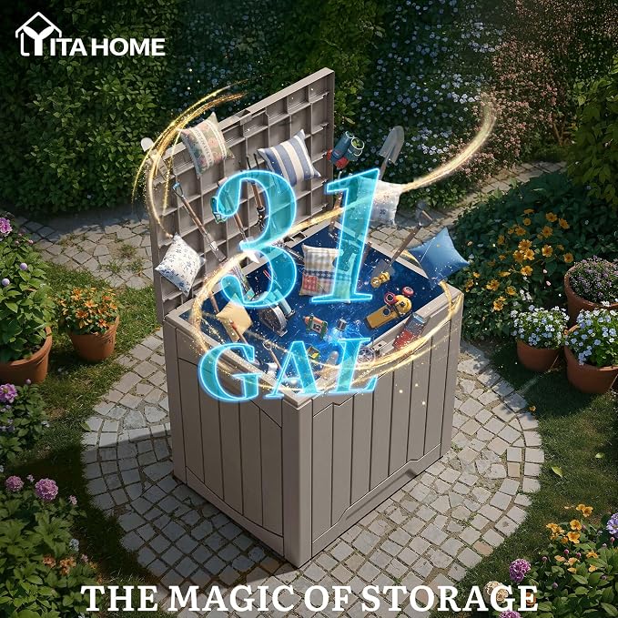 YITAHOME 31 Gallon Resin Deck Box Outdoor Storage Box and Waterproof Package Delivery Box with Lockable Lid forPatio Furniture, Garden Tools, Pool Supplies, Taupe