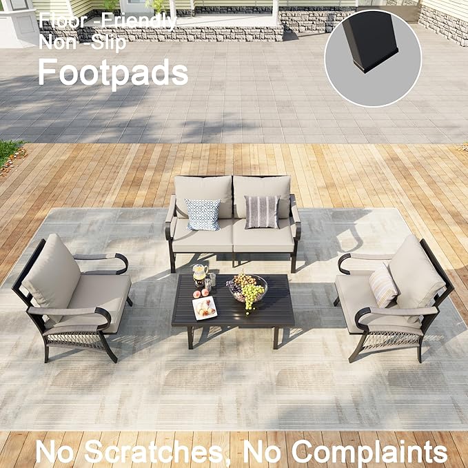 4 Pieces Patio Furniture Set, Metal Outdoor Conversation Sets with Coffee Table, Modern Couch Sofa Set Includes Single Chairs and Loveseat Seating Group (Thick Beige Cushions)