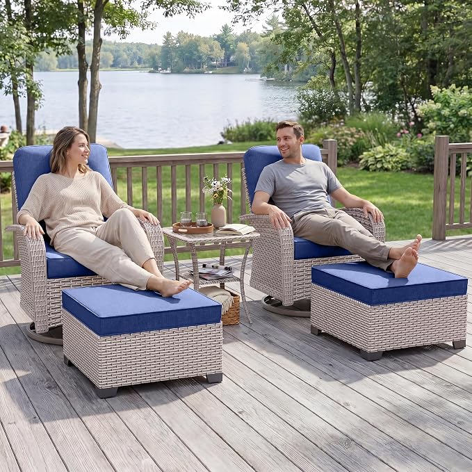 5-Piece Patio Furniture Set, Outdoor Swivel Rocking Chairs Set with Ottomans,All Weather Conversation Set for Porch Poolside Balcony,Blue