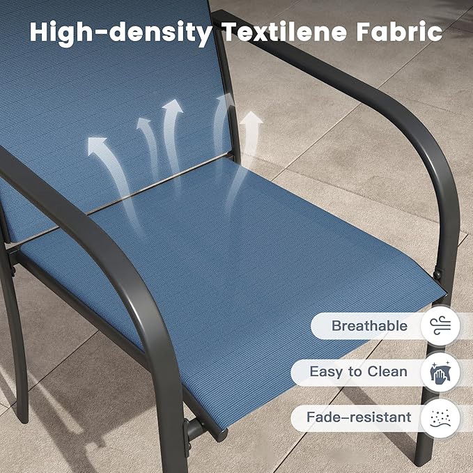 VICLLAX 3 Pieces Patio Outdoor Dining Set, 28" Square Metal Table and 2 Stackable Textilene Chairs for Patio, Lawn, Garden, Porch, Black/Dark Blue