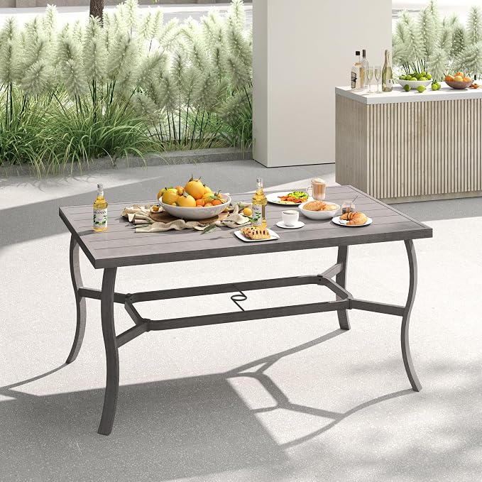 6-Person Outdoor Dining Table, Aluminum Rectangle 60"×36.2" Outdoor Dining Table with 2.2" Umbrella Hole, Rustproof Aluminum Patio Dining Table for 6, Grey