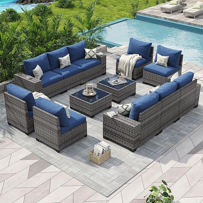 Aoxun Patio Furniture Set, 12 Pcs Outdoor Patio Furniture Sets with 4 in Thicken Cushion, Widen Armrests Wicker Outdoor Sectional for Backyard (Waterproof Cover Include)