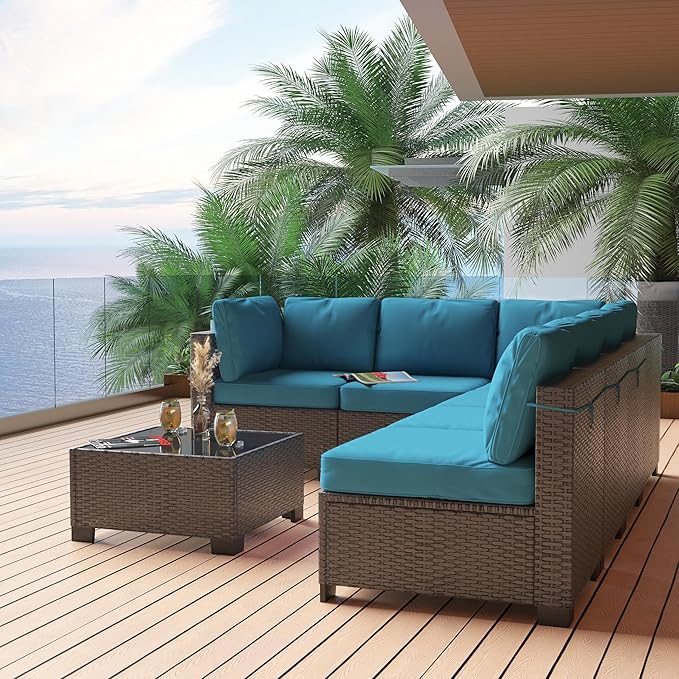7 Piece Outdoor Patio Furniture Set, PE Rattan Conversation Sofa Set, Wicker Patio Set w/Thick Cushions & Glass Top Coffee Table, All-Weather Outside Furniture for Garden, Balcony, Porch(Dark Curry)