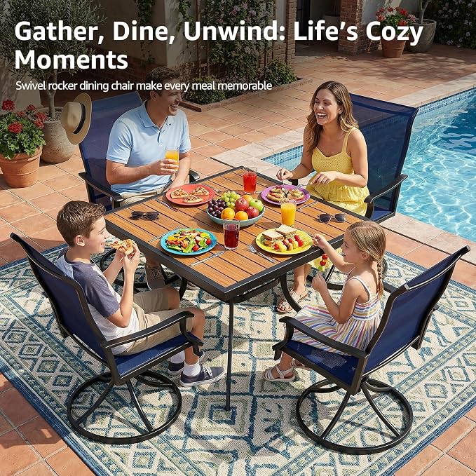 NATURAL EXPRESSIONS 5 Piece Patio Table and Chairs Set, HDPS Outdoor Dining Set with 4 Swivel Dining Chairs, Textilene Mesh Fabric, 36" Dining Table with Umbrella Hole for Backyard, Garden (Navy)