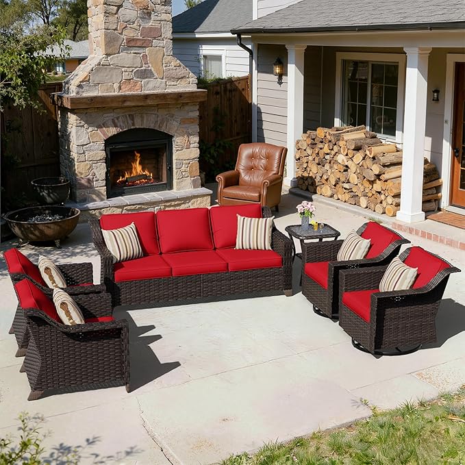 6 Pieces Patio Conversation Furniture Set - 1 Sofa, 2 Swivel Chairs, 2 Armchairs, 1 Side Table, Outdoor Wicker Furniture with Removable Cushions for Porch, Balcony, Sunroom (Red)