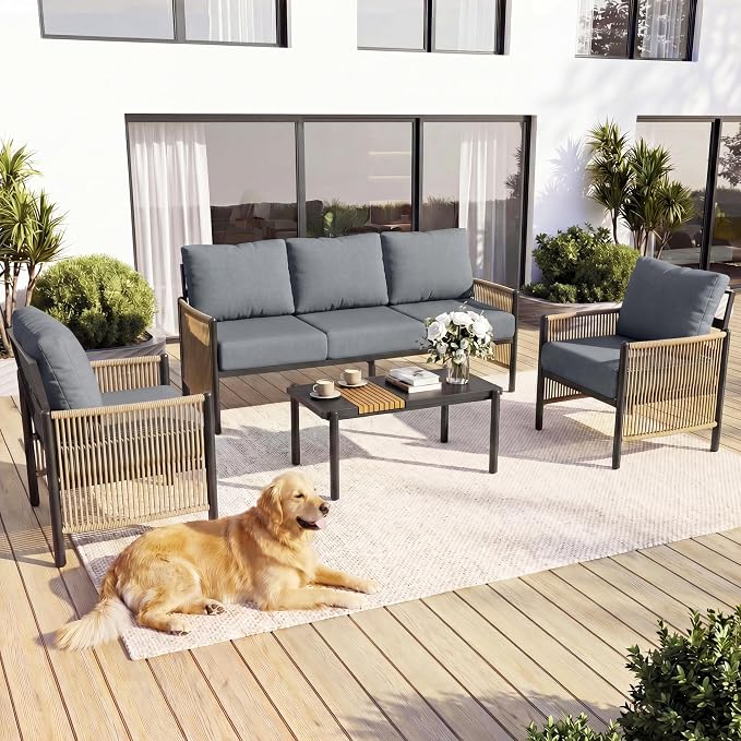Aluminum Patio Furniture Set, 5 Seats Outdoor Patio Furniture with Coffee Table, Outdoor Wicker Conversation Sets with Cushion for Backyard, Balcony,Porch,Dark Grey