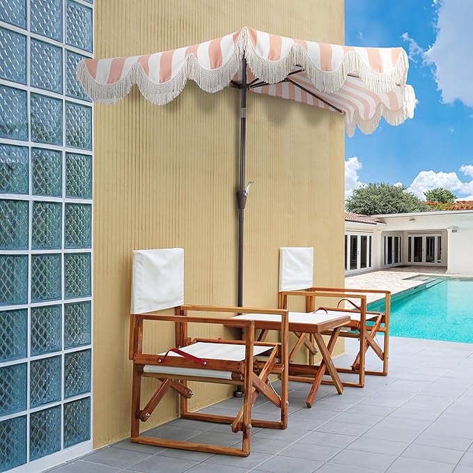 JONATHAN Y Beverly 9 ft. Coastal Coral Pink and White Striped Half Patio Umbrella with Scalloped Fringe, Crank Lift, and Manual Tilt for Balcony, Dark Brown Pole UMB1201E