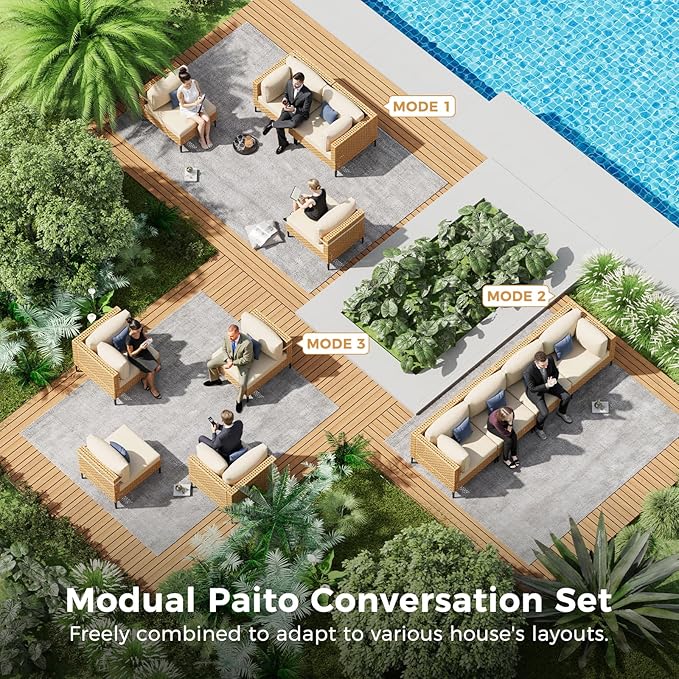 ABCASA Patio Furniture Set, 4-Piece Wicker Outdoor Patio Furniture Sets with Anti-Slip Cushions,Boho Patio Conversation Set Sectional Sofa for Backyard,Porch,Beige