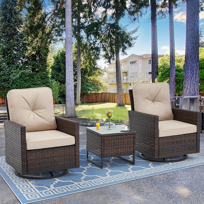 AVAWING 3 Pieces Patio Furniture Set, Wicker Swivel Rocking Chairs with Tempered Glass Side Table, Patio Conversation Set w/Waterproof Cushions for Garden, Balcony and Porch, Beige