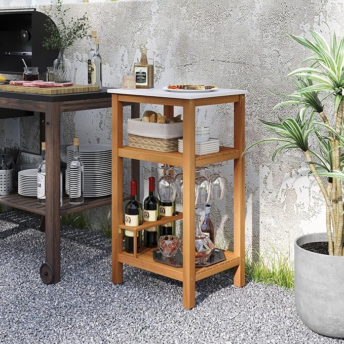 Goplus Outdoor Side Table, 3-Tier Acacia Wood Bar Table w/Marble-Like Countertop, 2 Slatted Shelves, Glass & Wine Holders, Small Buffet Sideboard & Corner End Table for Patio, Deck or Indoor