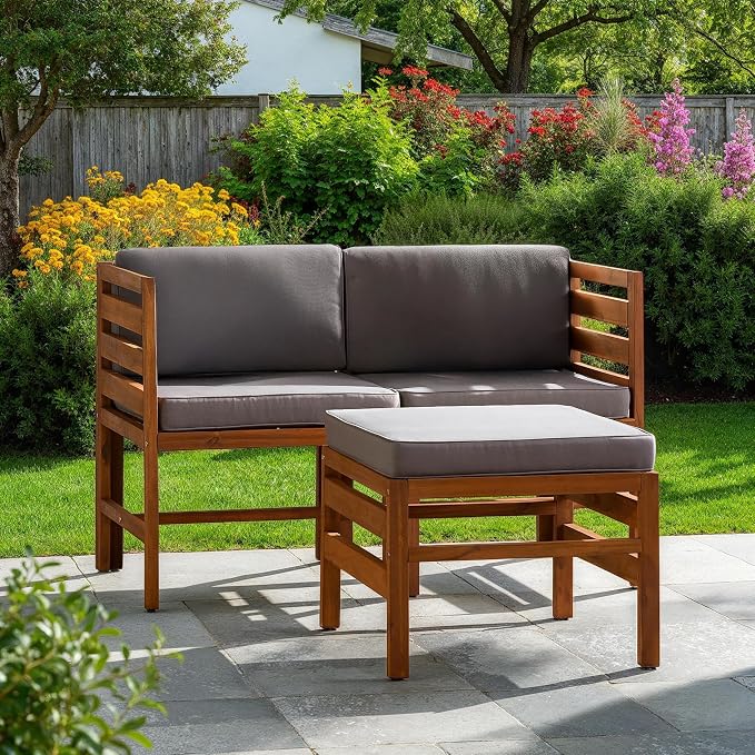 Walker Edison Ravello Contemporary 3 Piece Acacia Wood Outdoor Modular Chat Set with Cushions, Set of 3, Brown
