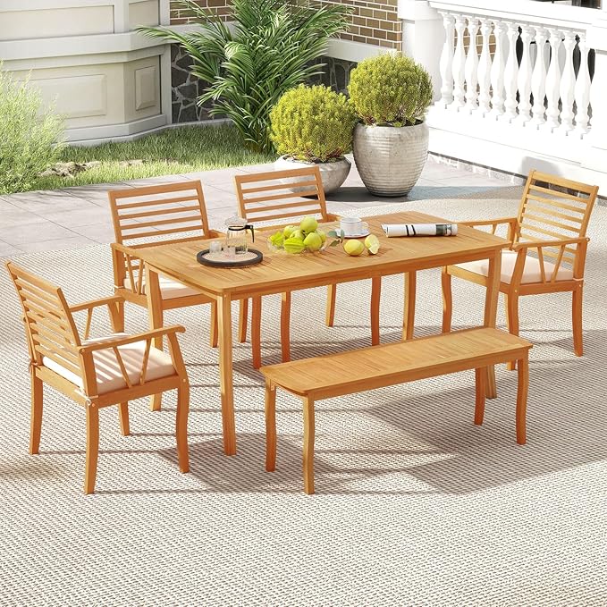 Tangkula 6 Pieces Acacia Wood Patio Dining Set, Outdoor Table and Chairs Set with Bench, 1.97” Umbrella Hole and Cushions, Outside Dining Furniture Set for Deck, Garden and Backyard
